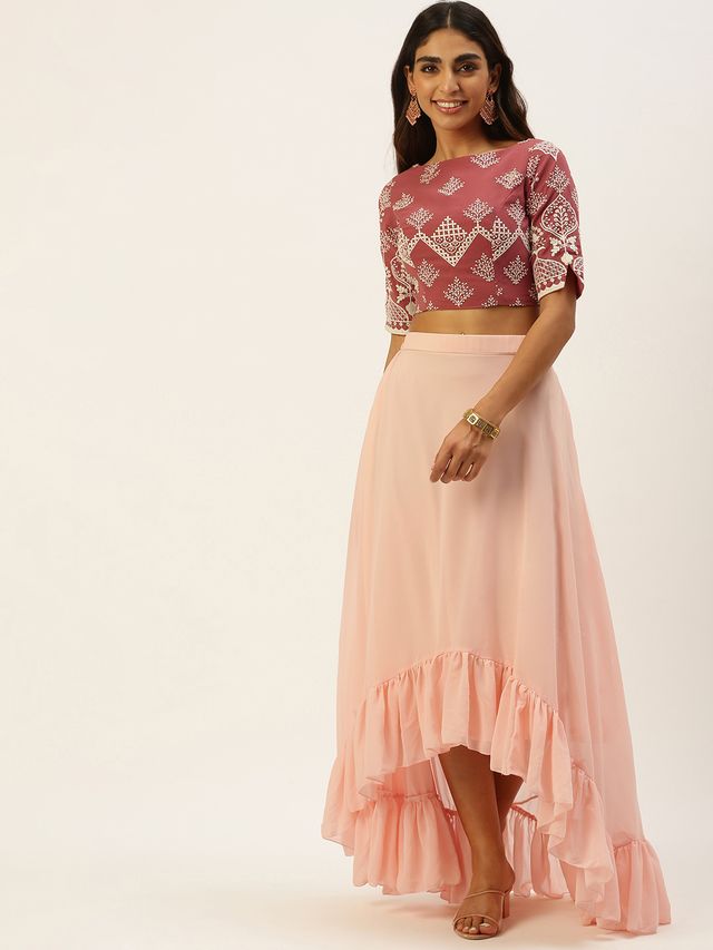Bollywood Vogue Ready To Wear Mauve Embroidered N Peach Crop Top N Skirt