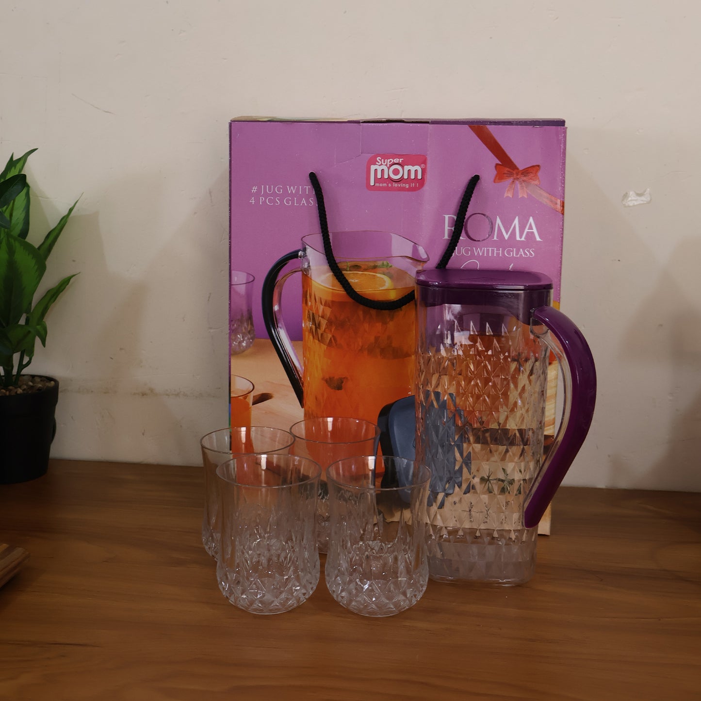 Supermom ROMA 5-Piece Diamond-Cut Plastic Jug with 4 Glasses Combo Set – 1500 ML Pitcher and 4 x 300 ML Tumblers (5 Pc)