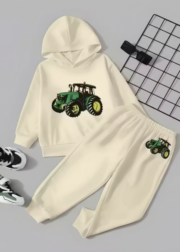 Kids Hooded Sweatshirt & Jogger Set – Green Tractor Print Casual Wear (Cream) Luck Fashion