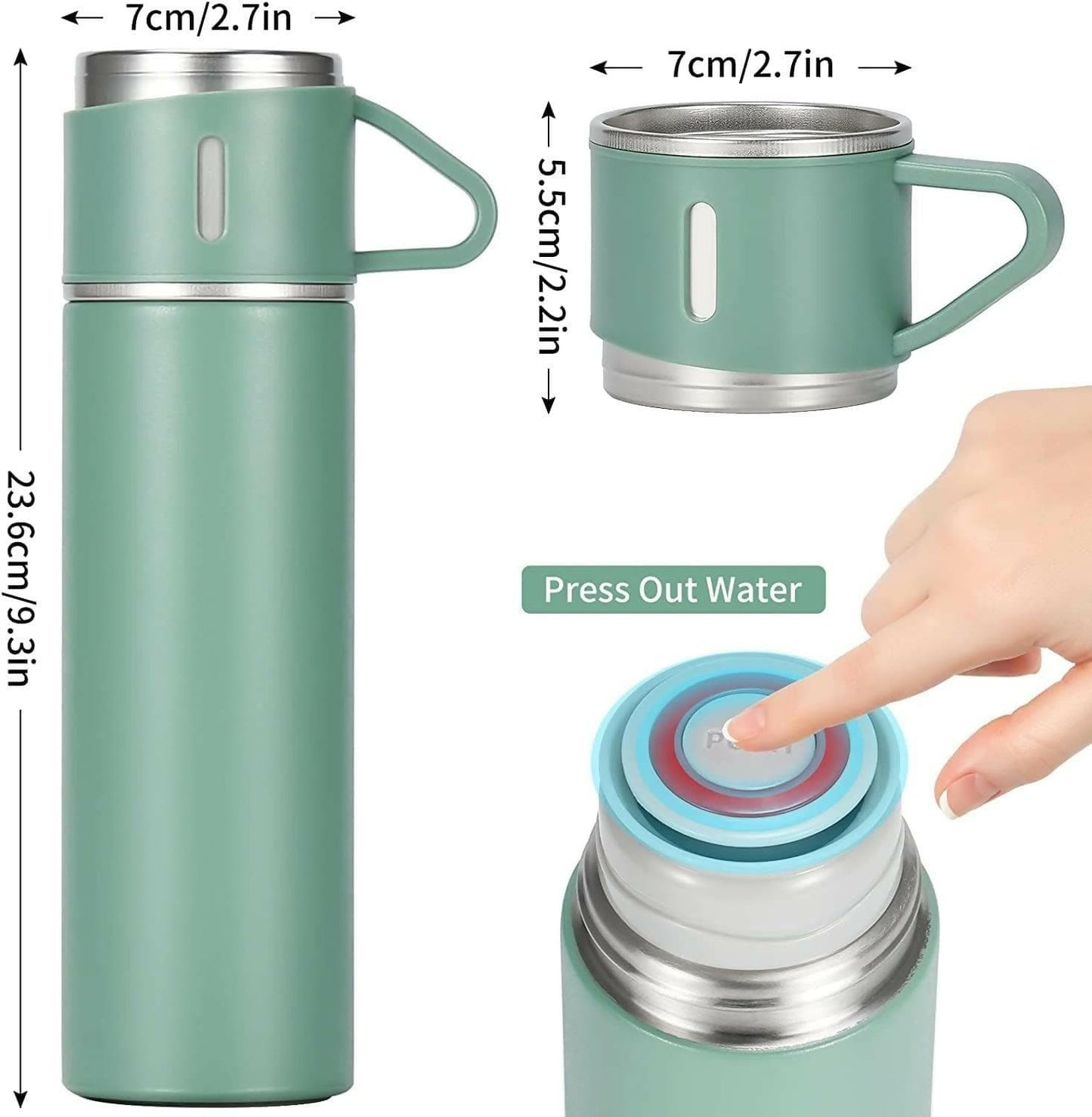 Double Wall Stainless Steel Thermo Vacuum Insulated Water Bottle Flask Set with 3 Cups for Hot & Cold (500ml) - HalfPe