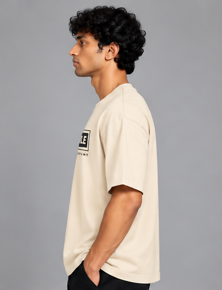 HUSTLE Men's Crew Neck Oversized T-Shirt – Cream(Oversized fit)