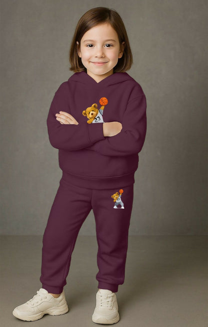 Kids' Maroon Basketball Bear Hoodie & Joggers Winter Set Luck Fashion