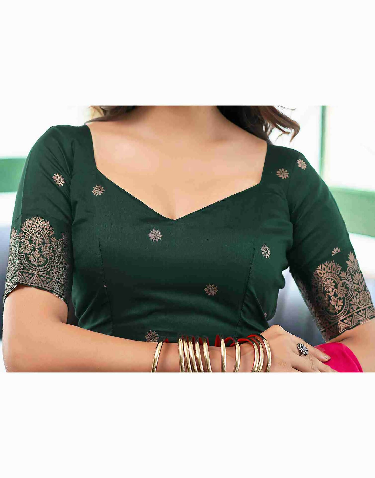 AXONIT Luxury Wedding Wear Emerald Soft Silk Saree with Heavy Golden Zari Work and Mustard-Gold Designer Pallu