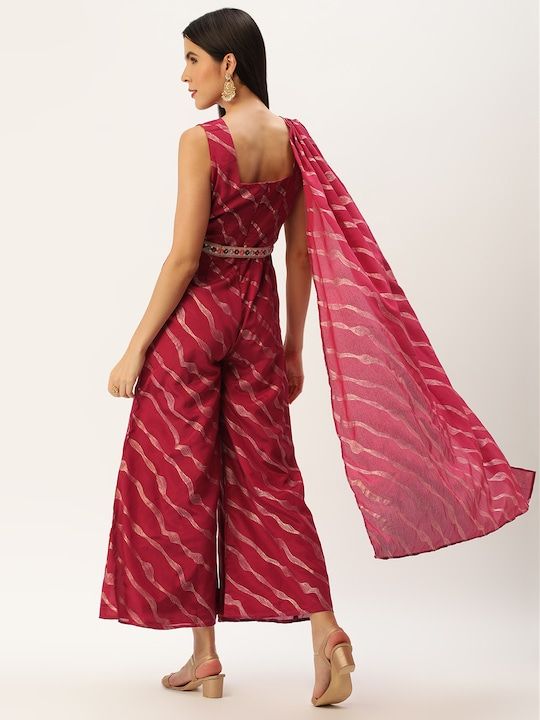 Bollywood Vogue Ready To Wear Wine Chinon Foil Print Draped Style Jumpsuit
