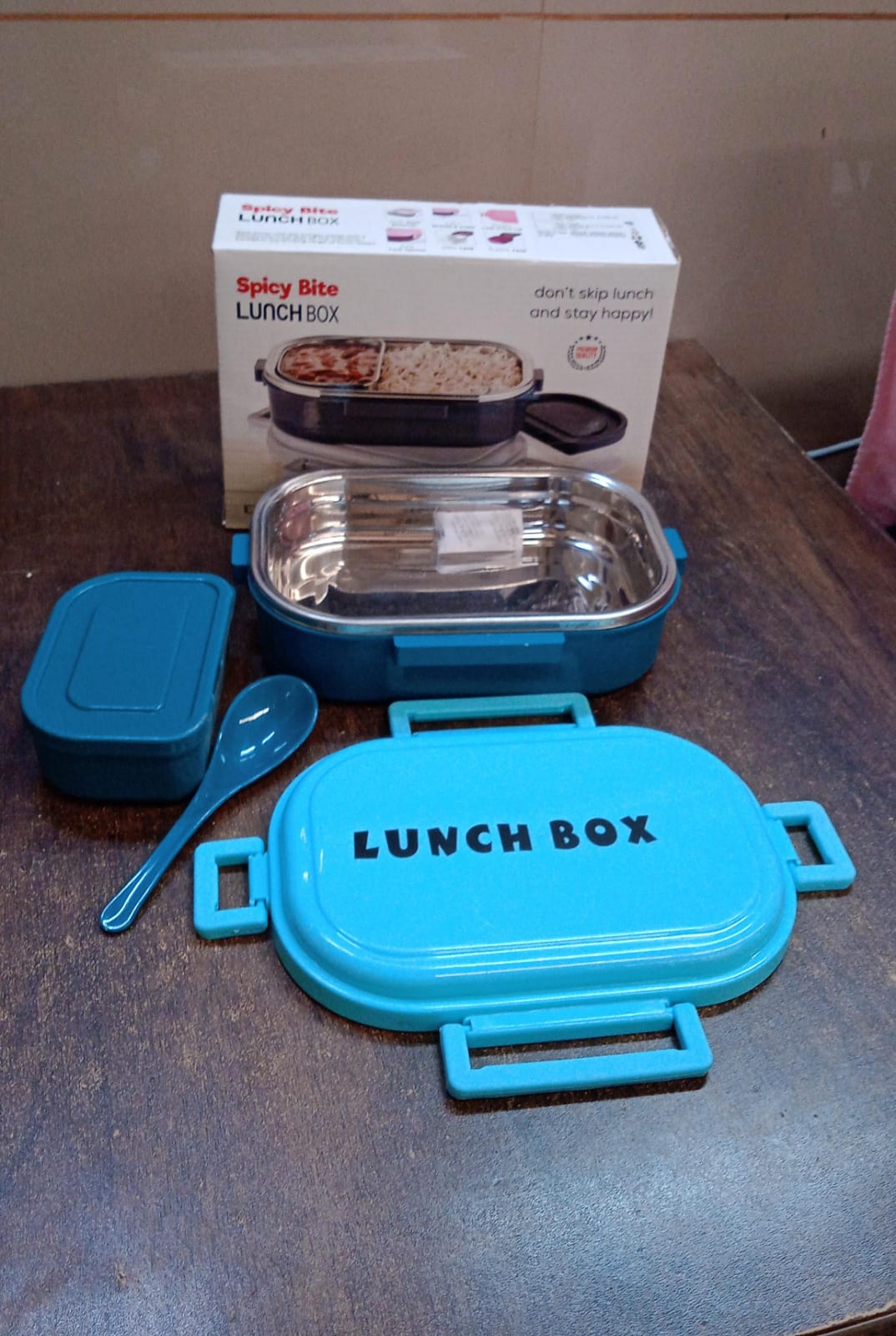 3 In 1 Spicy Bite Stainless Steel Lunch Box With Plastic Small Box  Spoon (1 Set) (Multicolor) HP DD