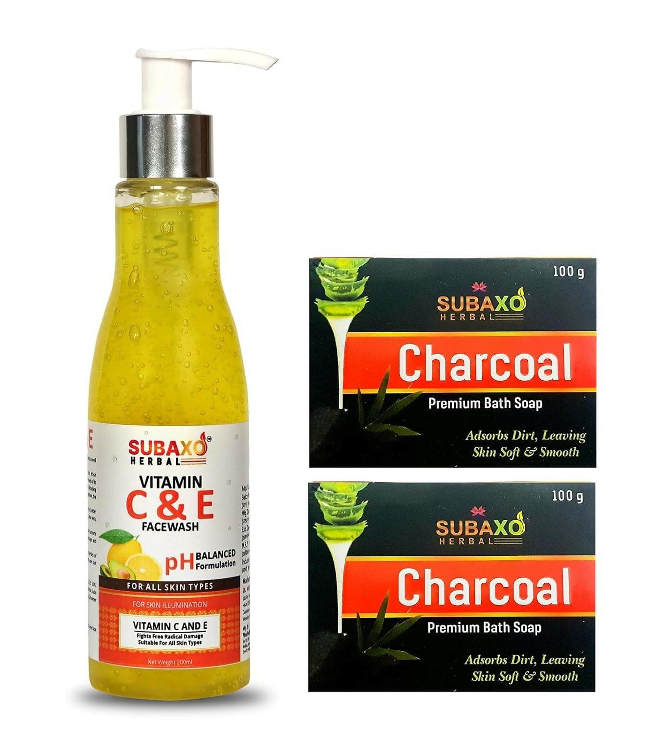 SUBAXO Charcoal Bath Soap (100 g Each, Pack Of 2) andVitamin C & Vitamin E Face Wash (200ml) Combo - HalfPe