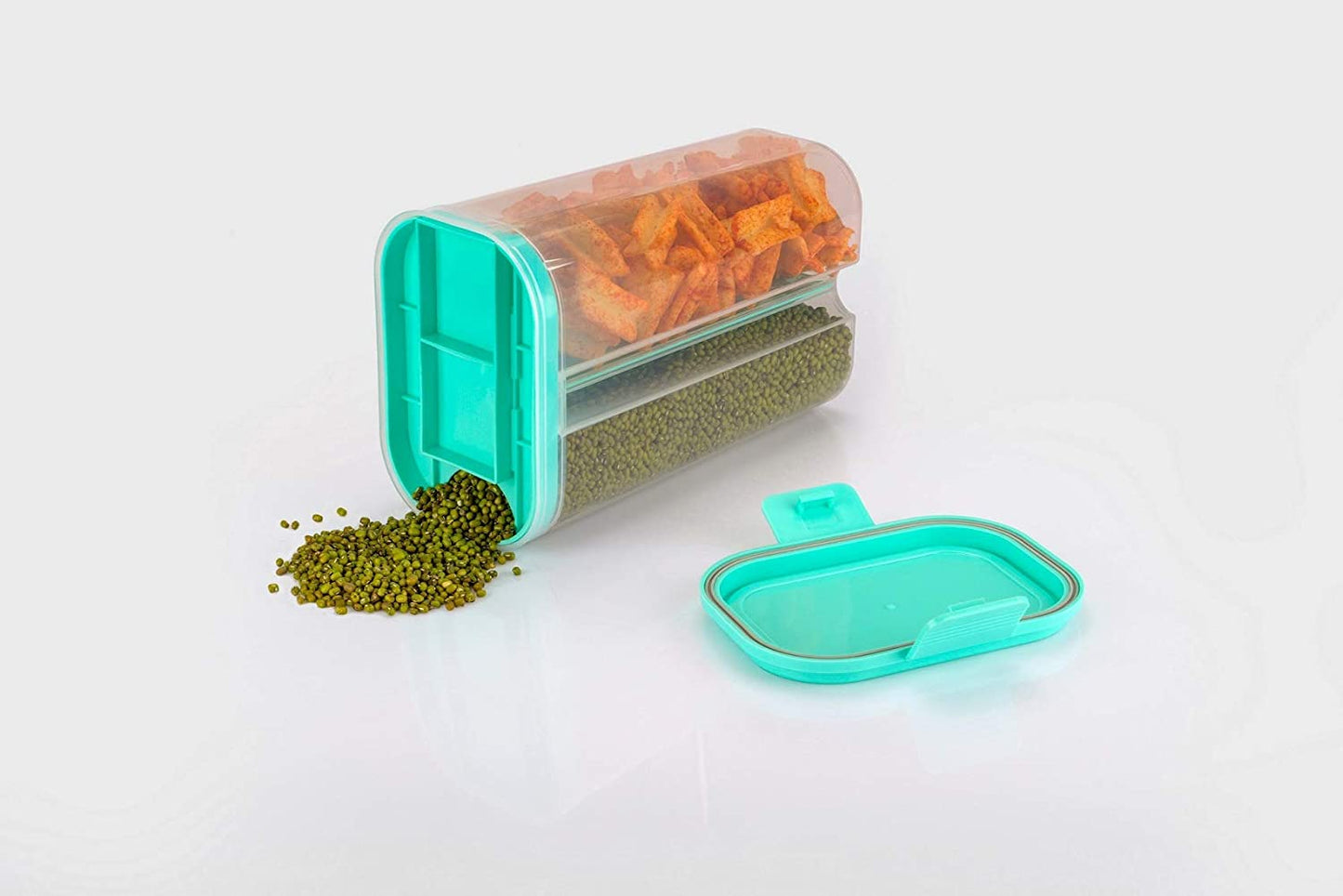 Plastic 2 Sections Air Tight Transparent Food Grain Cereal Storage Container (2 Ltr) (With Box)