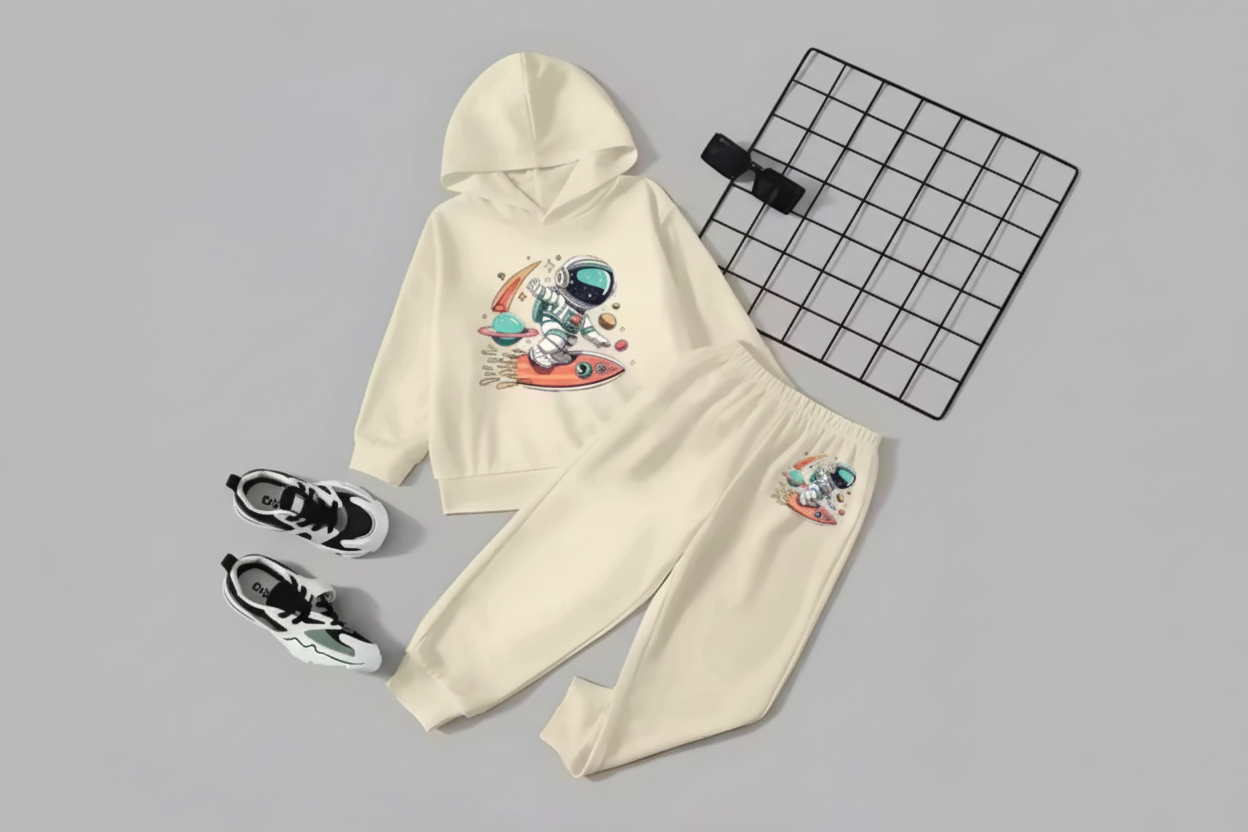 Kids Hooded Sweatshirt & Jogger Set – Astronaut Surf Space Print Casual Wear (Cream) Luck Fashion