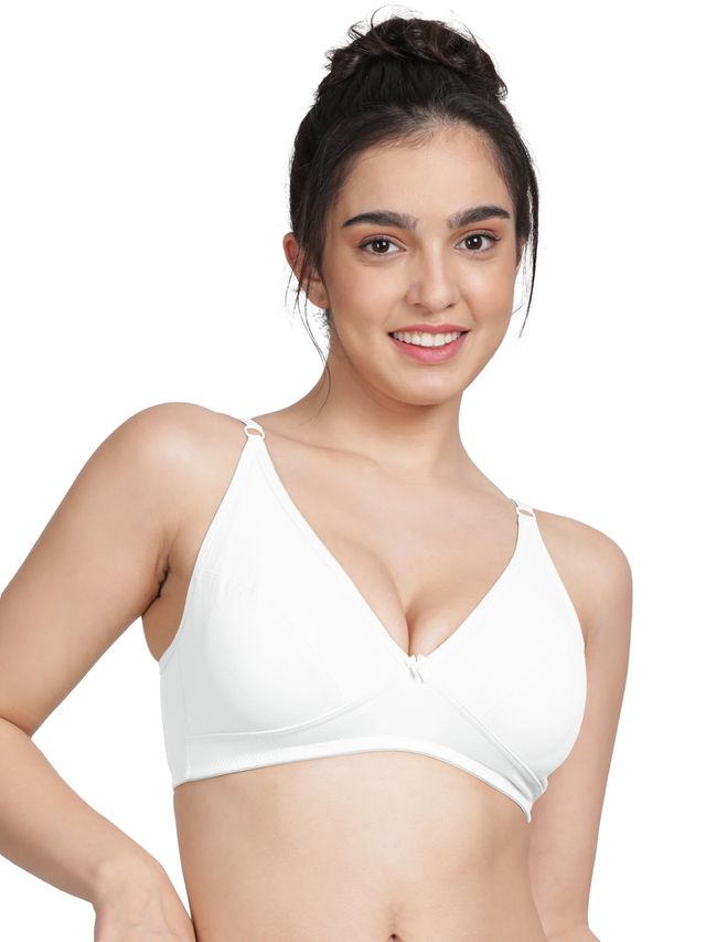 Susie Half Coverage White Non Padded Wirefreee Adjustable, Non Detachable Everyday Plunge Bra