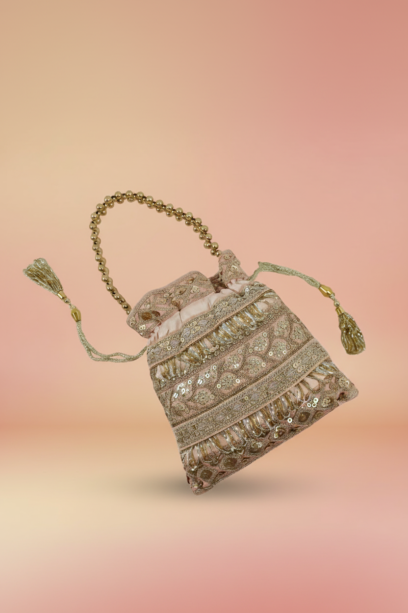 Champagne Gold Embroidered Potli Bag – Festive Clutch for Women RAYORA ENTERPRISE