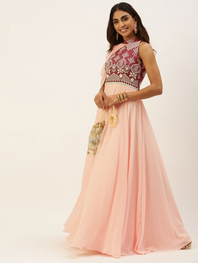 Bollywood Vogue Ready To Wear Peach N Mauve Halter Neck Gown