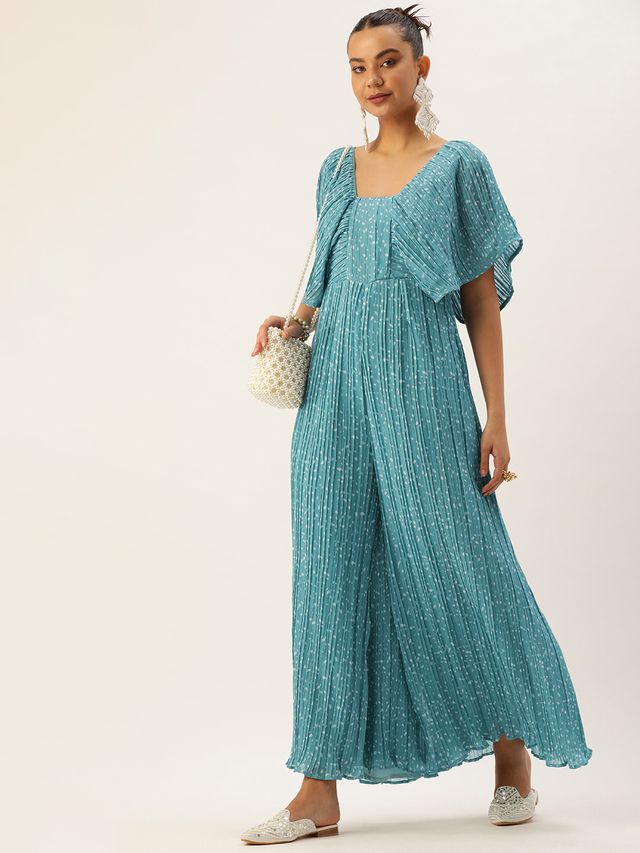 Bollywood Vogue Ready To Wear Blue N White Printed Pleated Georgette Jumpsuit
