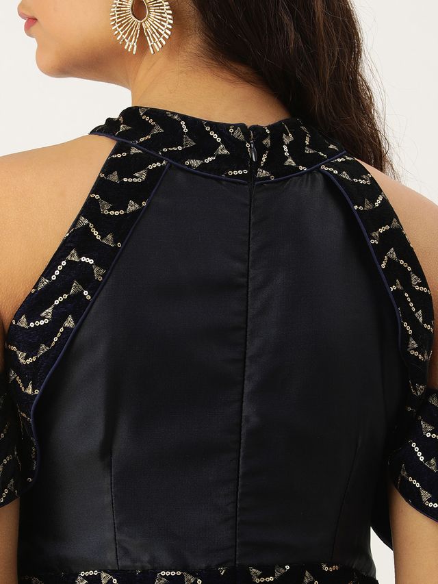 Bollywood Vogue Ready To Wear Navy Blue Velvet Embroidered Off Shoulder Dress