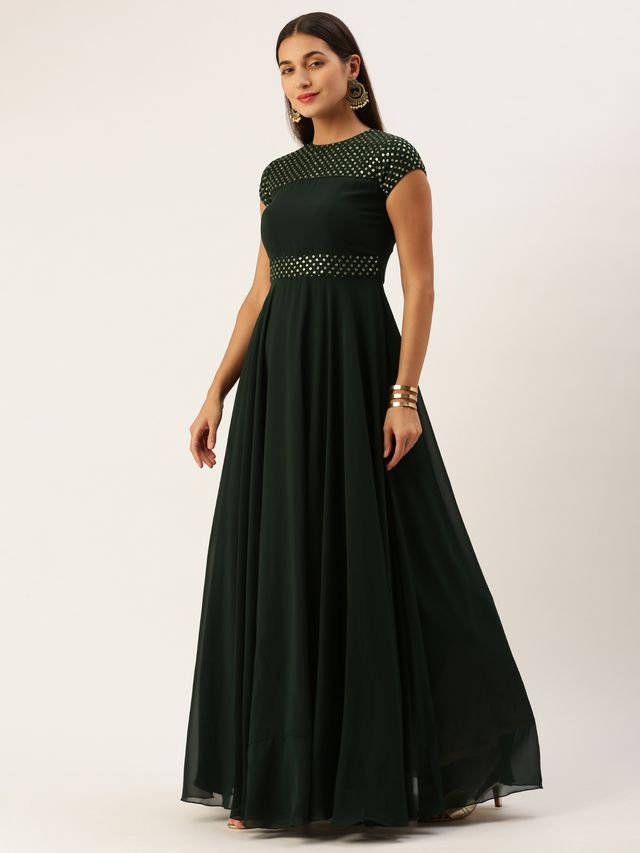 Bollywood Vogue Ready To Wear Green Georgette Embroidered Flared Gown