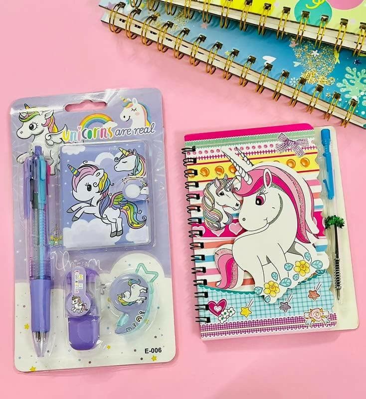 Unicorn Stationery Set With Button Lock Secret Pocket , Pen , Marker And Tape & Mini Spiral Diary With Pen - HalfPe