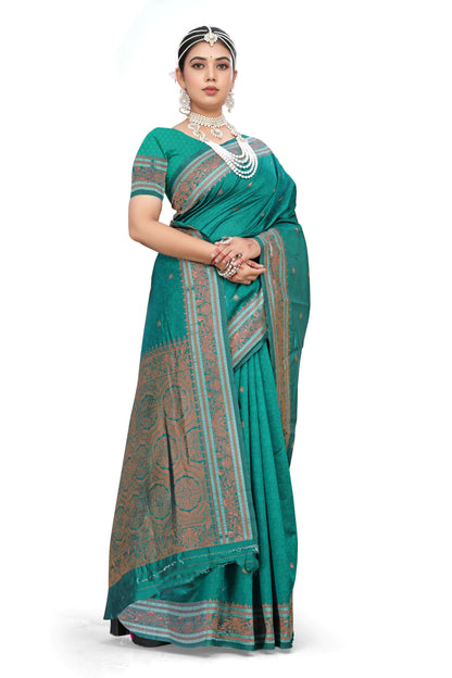 AXONIT Emerald Elegance Premium Jacquard Silk Saree with Antique Gold Zari Work