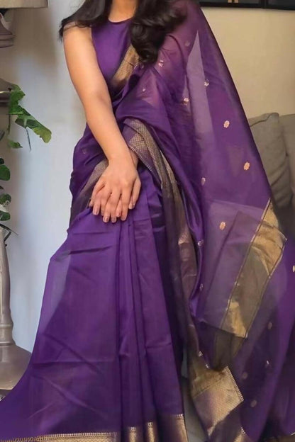 AXONIT Traditional Violet Cotton Saree Crafted with Delicate Golden Zari Butti and Royal Border