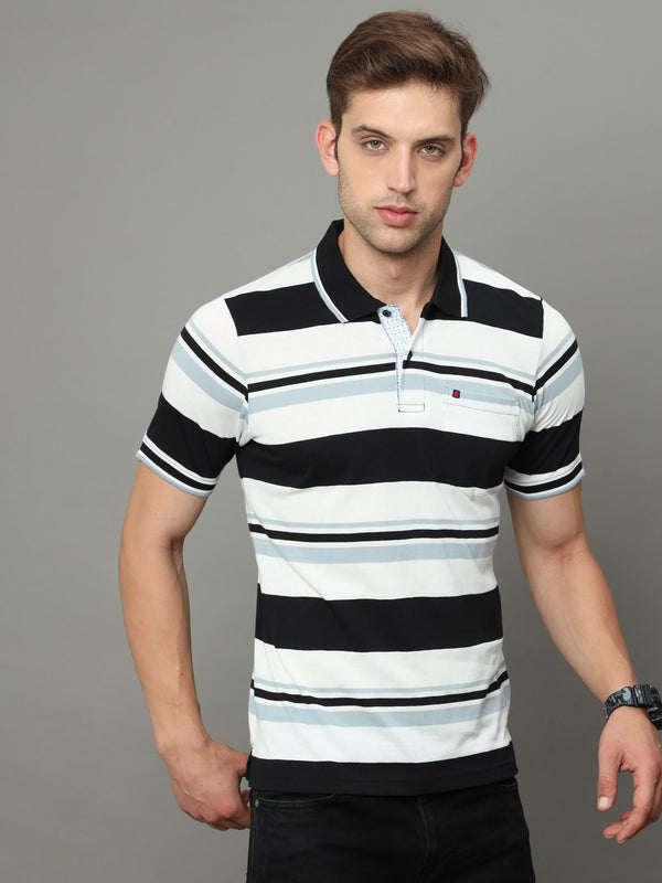 Men's White Black Regular Fit Stripe Half Sleeves Polo Neck T-Shirt
