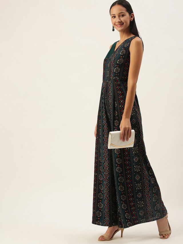 Bollywood Vogue Ready To Wear Blue Printed Viscose Angrakha Style Jumpsuit