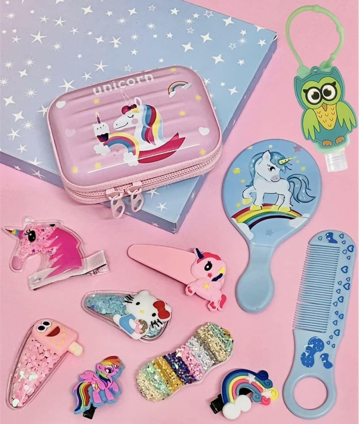 Unicorn Theme Tin Pouch , Hair Clip , Mirror, Comb , Dispenser Bottle - HalfPe