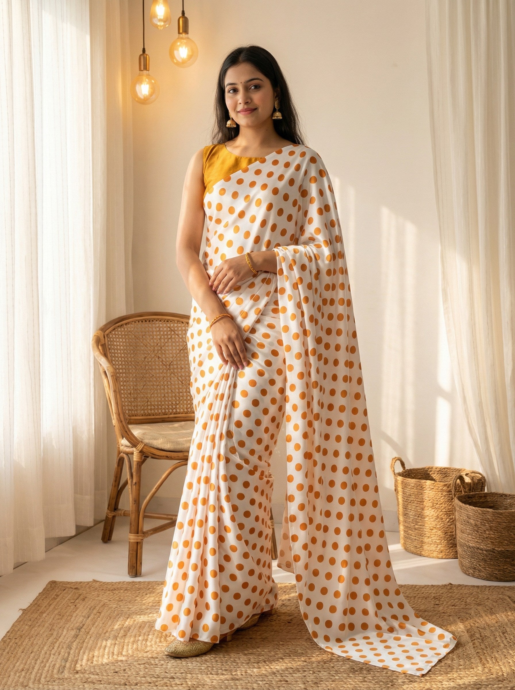 Pure Satin Sarees in Polka Dot prints With Plain Blouse