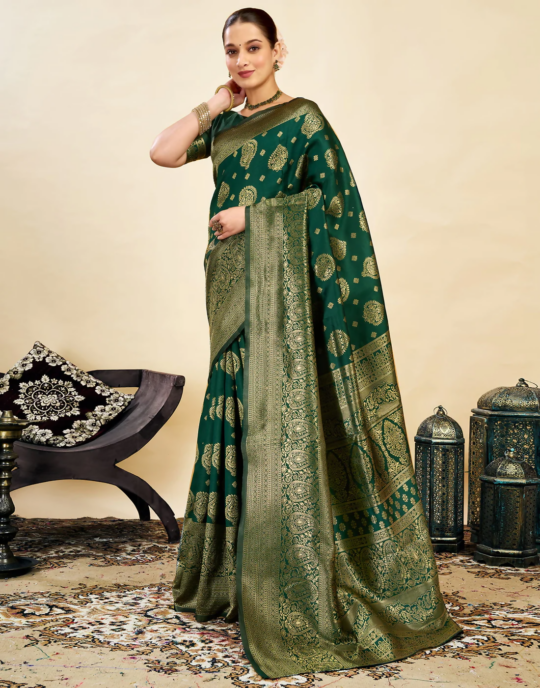 AXONIT Royal Jacquard Saree with Golden Zari Butta & Brocade Border