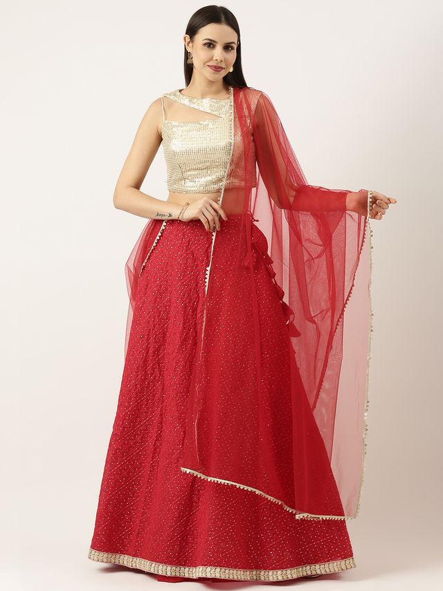 Bollywood Vogue Ready To Wear Silver N Dark Red Georgette Sequins Embroidered Lehenga