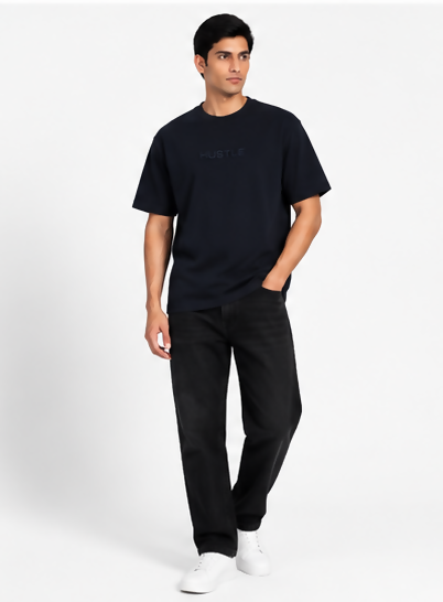 HUSTLE Men's Crew Neck Oversized T-Shirt – Navy Blue