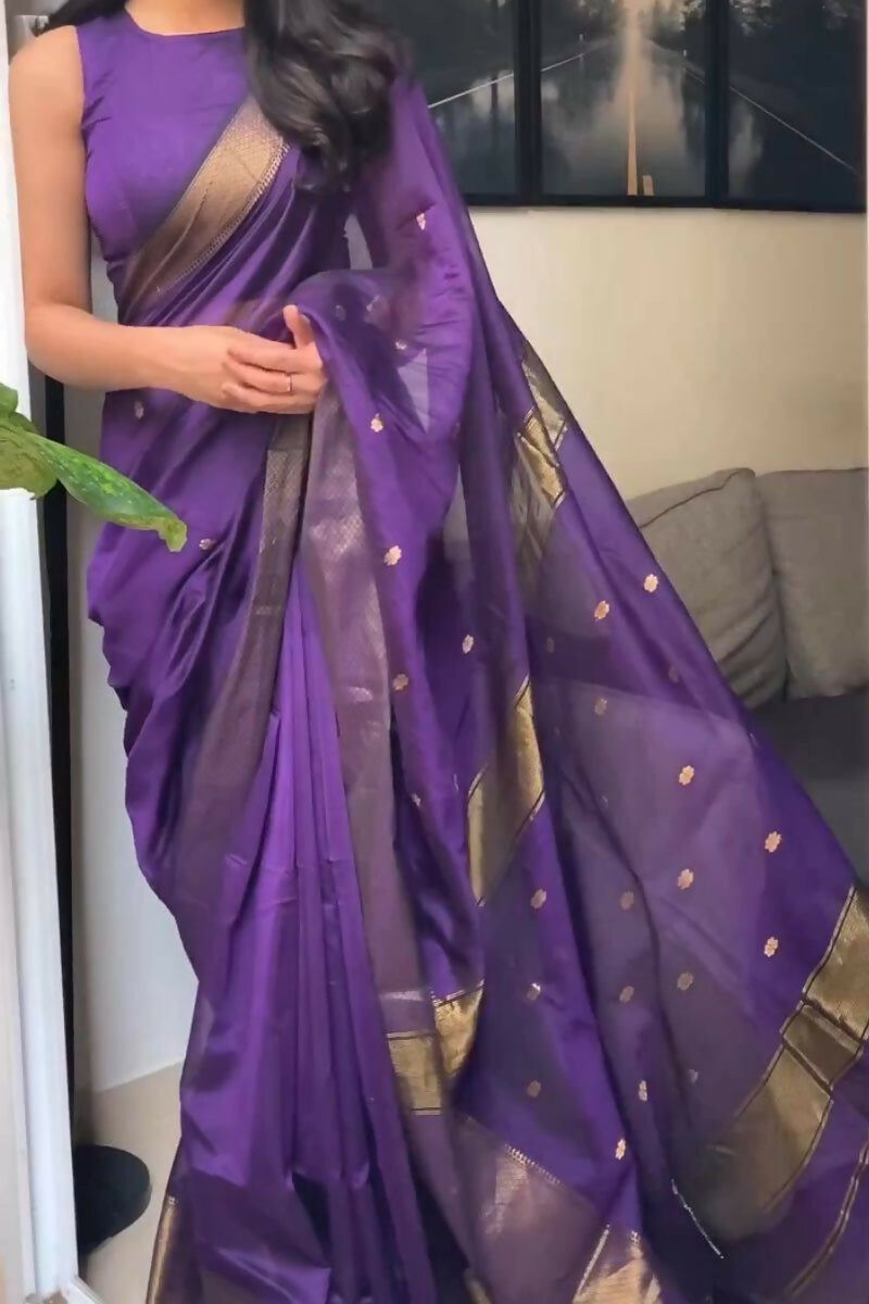 AXONIT Traditional Violet Cotton Saree Crafted with Delicate Golden Zari Butti and Royal Border