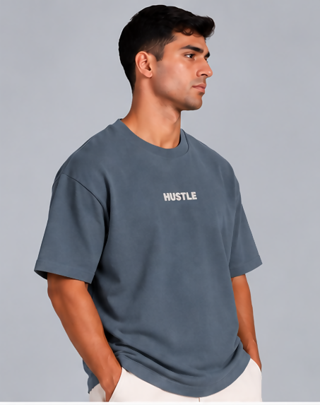 HUSTLE Men's Crew Neck Oversized Tees - Dark Slate Blue