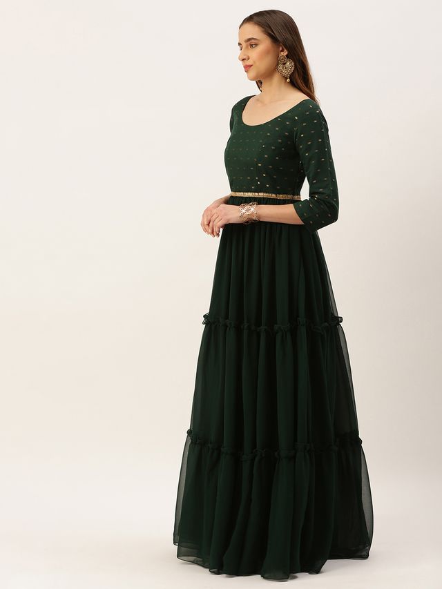 Bollywood Vogue Ready To Wear Teal Green Cotton Jacquard N Georgette Dress
