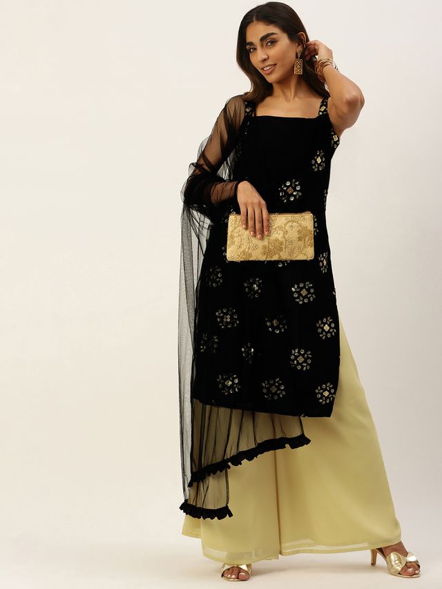 Bollywood Vogue Ready To Wear Black Embroidered N Beige Palazzo Set