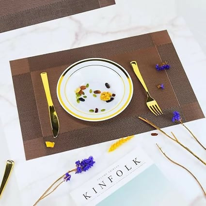 Eco Metrix Heat-Resistant PVC Placemats for Dining Table Anti-Skid, Washable Vinyl Table Mats Set for Kitchen & Home Décor (Brown)