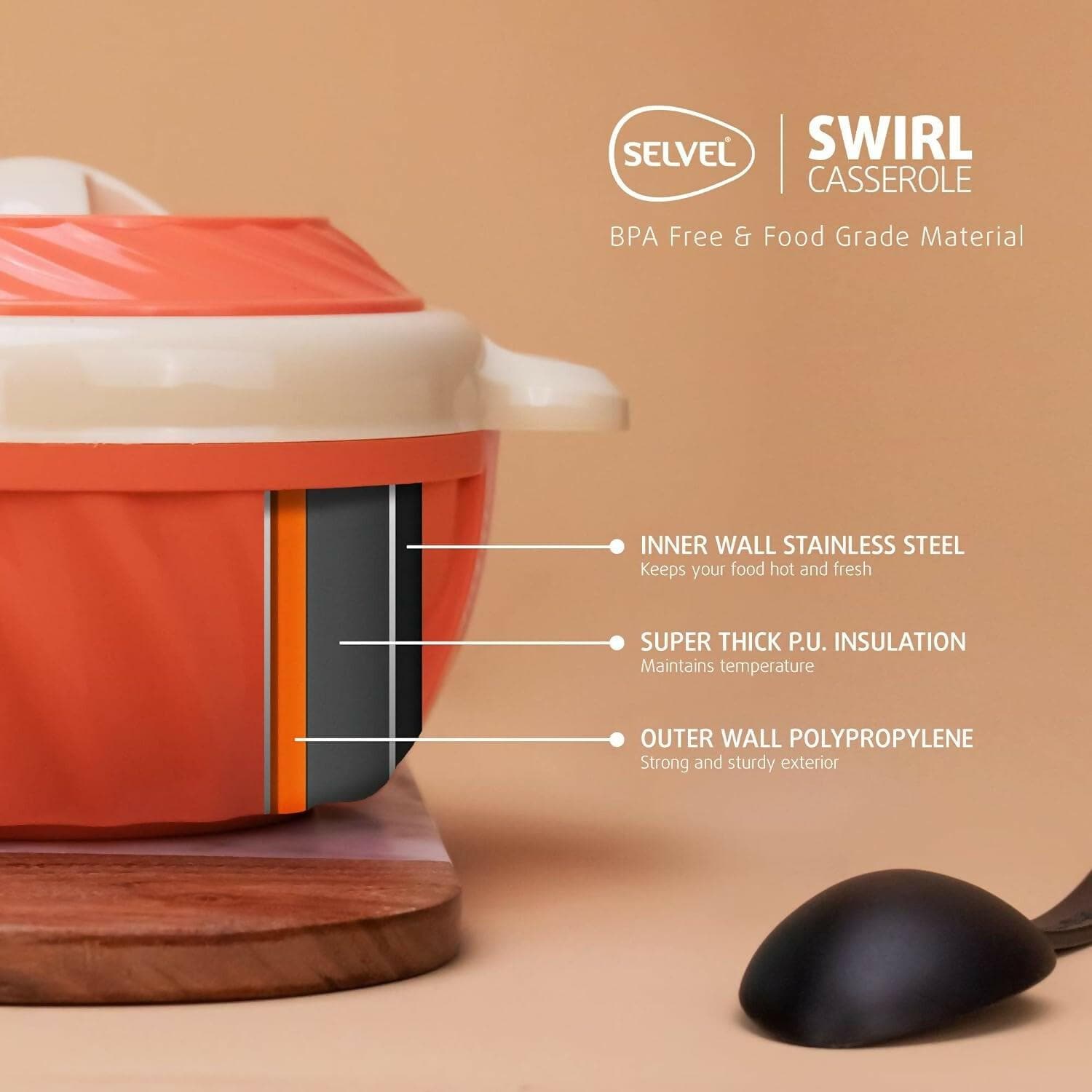 SELVEL Insulated Casserole Set of 3 - (1800 ml, 1180 ml and 650 ml Orange) - HalfPe