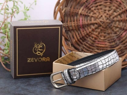 ZEVORA Women Casual Silver Genuine Leather Belt - HalfPe