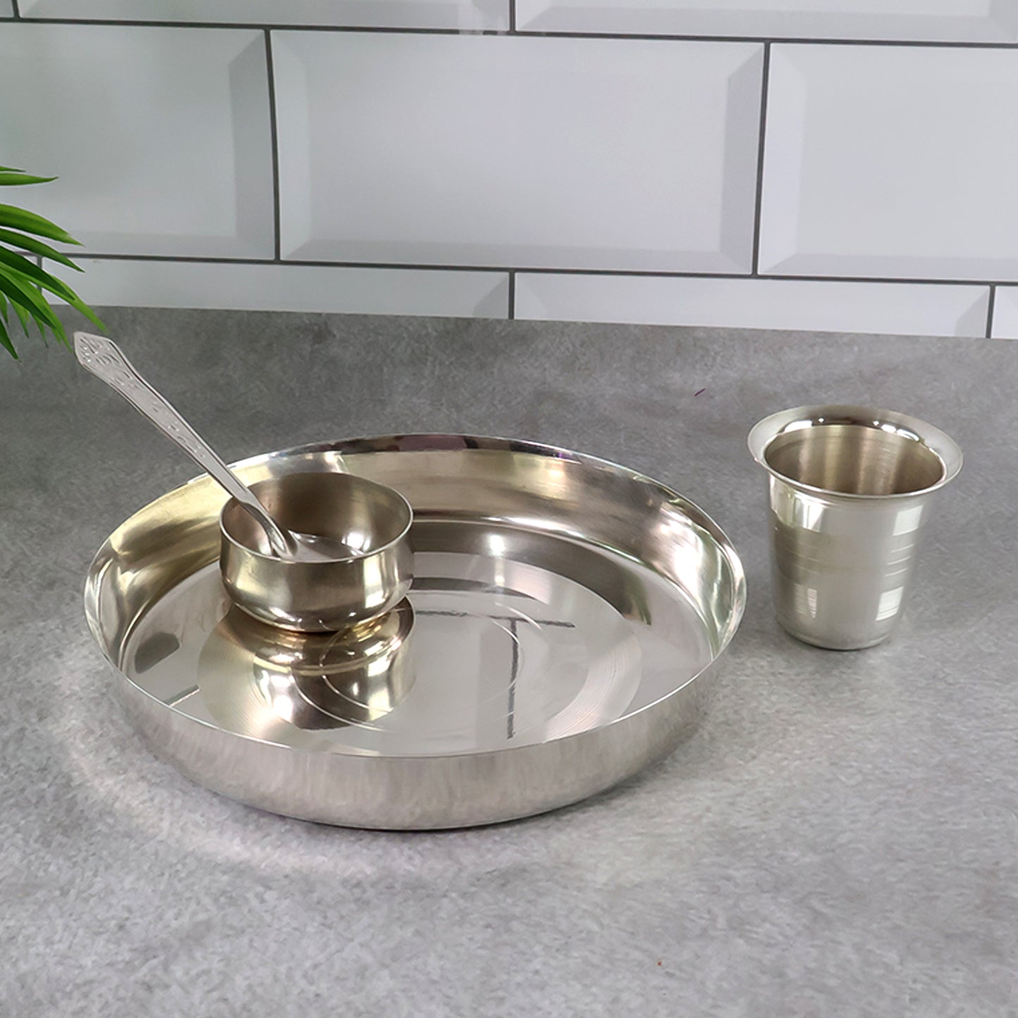 Stainless Steel Thali Set – Round Plate with Katori Bowl, Drinking Glass & Dining Spoon- (Set)