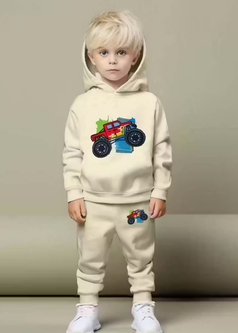 Kids Hooded Sweatshirt & Jogger Set – Monster Truck Graphic Printed Winter Wear (Cream) Luck Fashion