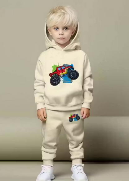 Kids Hooded Sweatshirt & Jogger Set – Monster Truck Graphic Printed Winter Wear (Cream) Luck Fashion