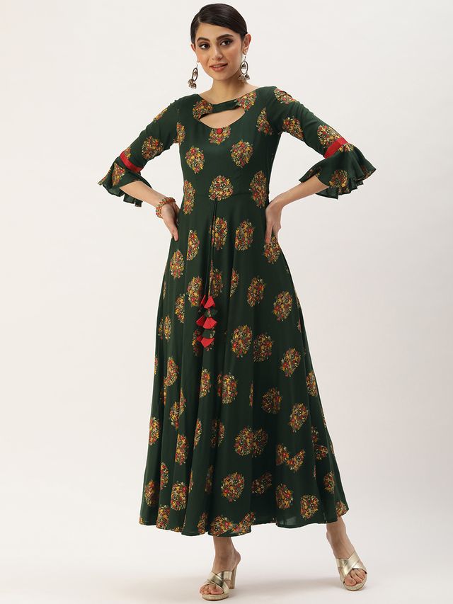 Bollywood Vogue Ready To Wear Green Rayon Printed Maxi Dress