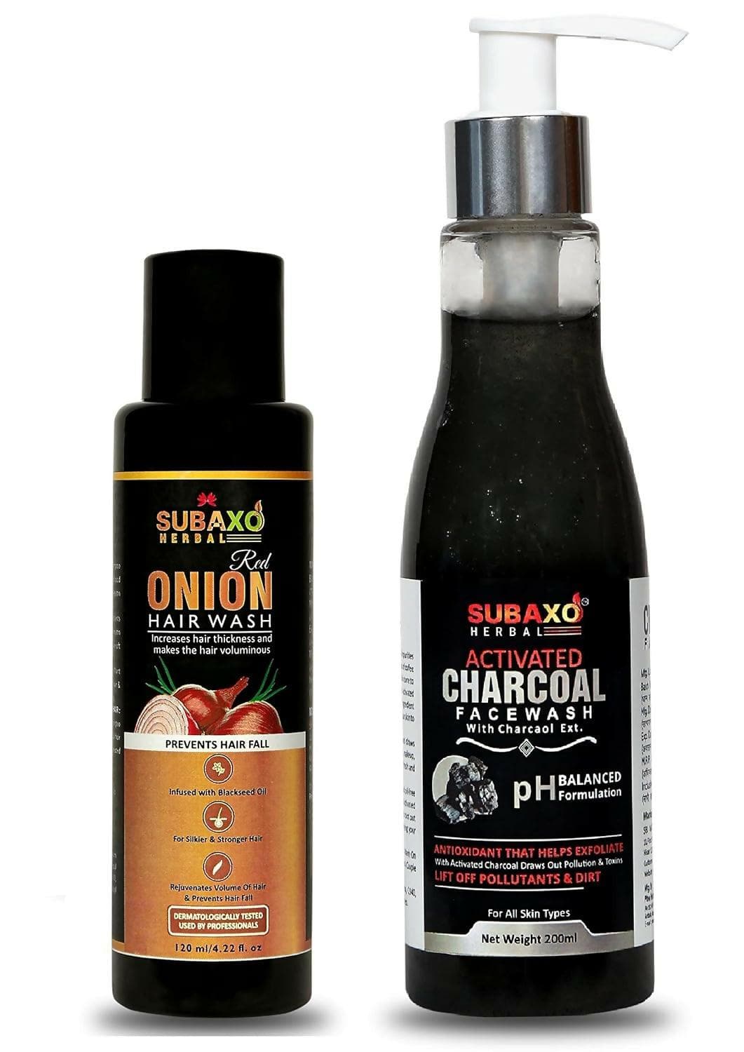 SUBAXO Red Onion Herbal Hair Wash (200ml) and Activated Charcoal Anti-Pollution Face Wash (200ml) Combo - HalfPe