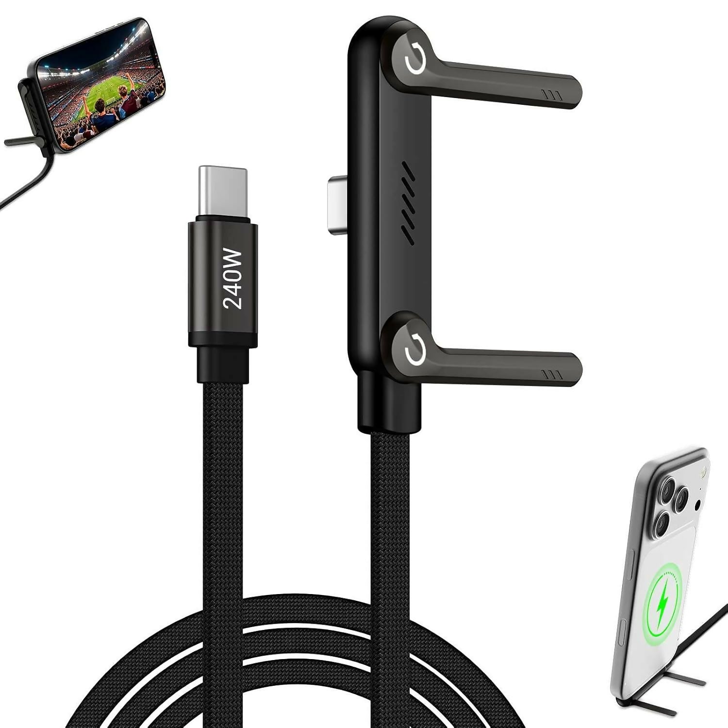 240W USB to USB-C Fast Charging Cable with 360° Adjustable Foldable Metal Stand | 4.9 FT Braided Cable | Fast Charging & Data Sync