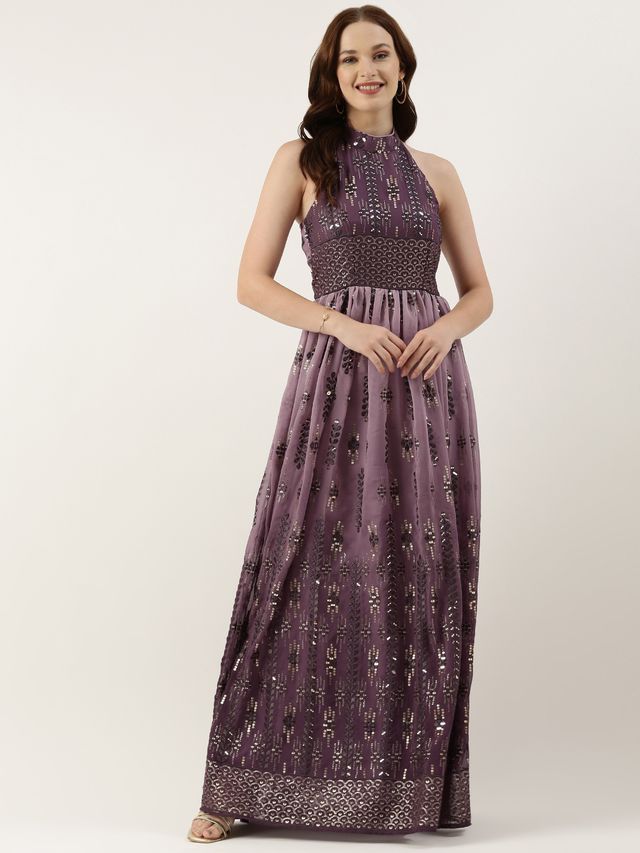 Bollywood Vogue Ready To Wear Purple Georgette Embroidered Halter Neck Gown