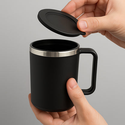 Apex Happy Mug with Silicone Lid – 400 ml with Double Wall Insulated Travel Mug (Black)