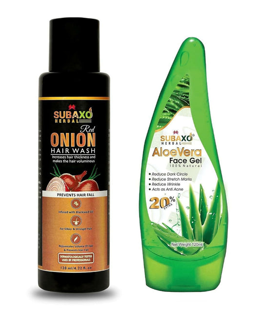 SUBAXO Red Onion Herbal Hair Wash (120ml) & Aloe Vera Herbal Face Gel (120ml) Combo - HalfPe