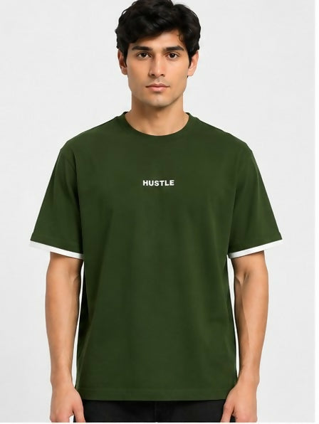 HUSTLE Men's Oversized Fit Crew Neck T-Shirt – Dark Olive Green(Oversized fit)