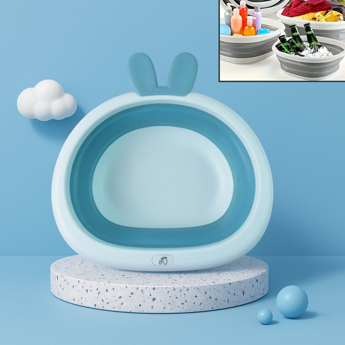 Foldable Multipurpose Collapsible Basin with Bunny Ear Handle – Portable Storage & Washing Tub for Home