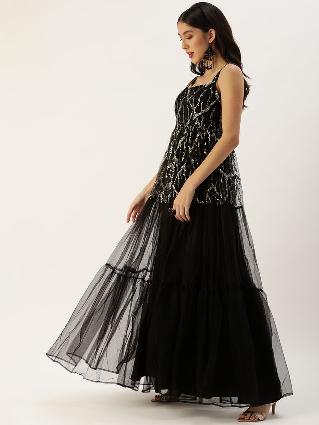 Bollywood Vogue Ready To Wear Black Tiered Gathers Embroidered Gown