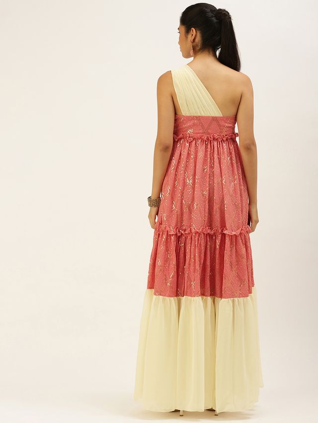 Bollywood Vogue Ready To Wear Peach N White Embroidered Tiered Maxi Dress