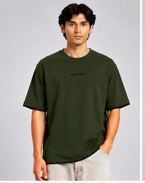 HUSTLE Men's Oversized Fit Crew Neck T-Shirt – Dark Olive Green(Oversized fit)