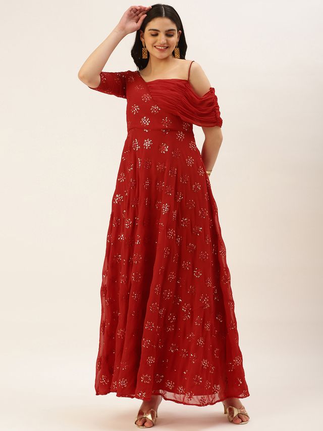 Bollywood Vogue Ready To Wear Red Georgette Embroidered One Shoulder Style Gown